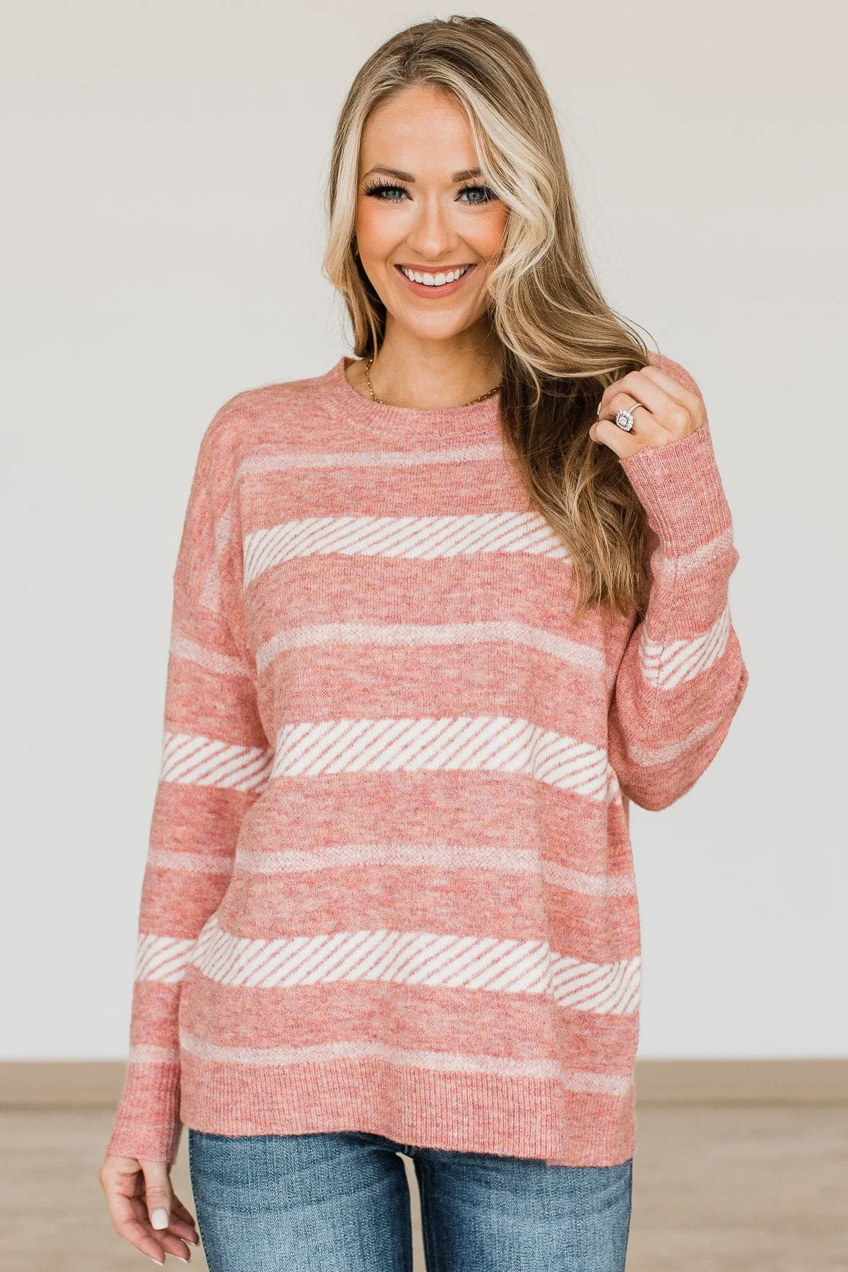 Never Look Back Striped Knit Sweater- Dusty Pink