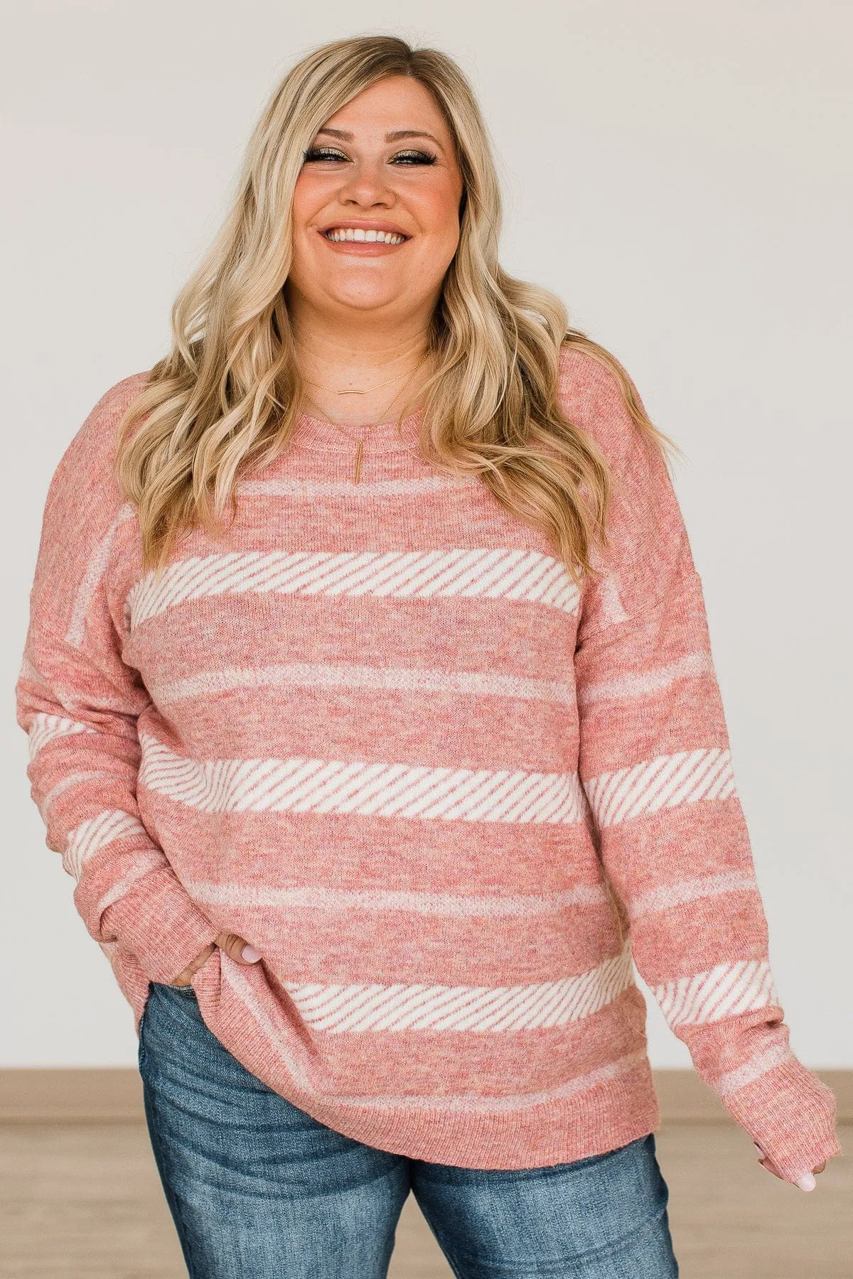 Never Look Back Striped Knit Sweater- Dusty Pink