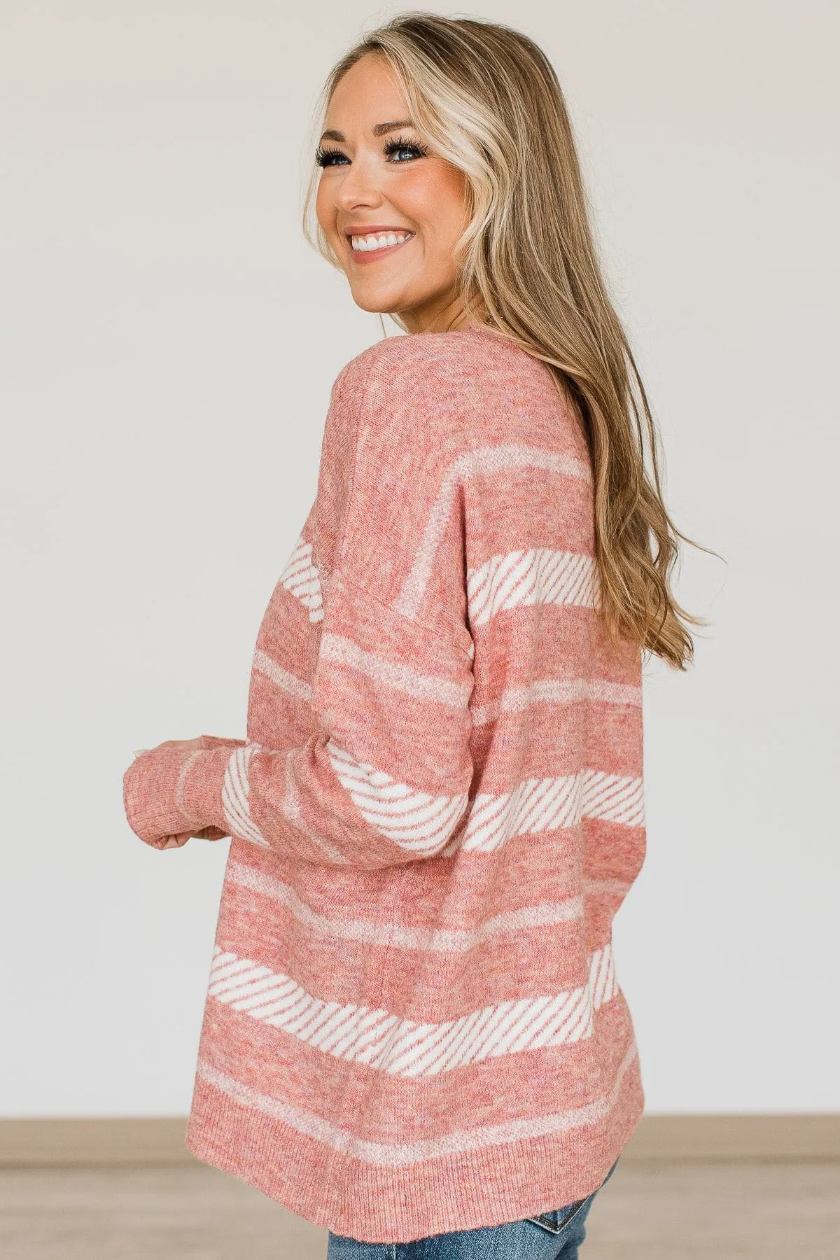 Never Look Back Striped Knit Sweater- Dusty Pink