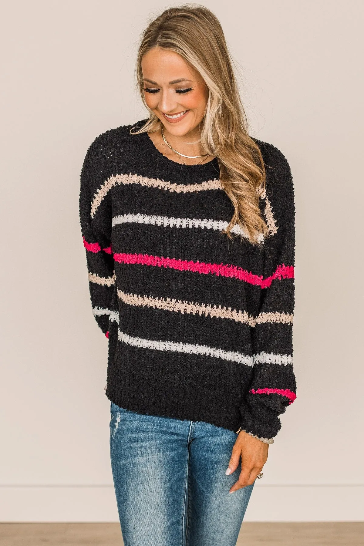 On A High Note Popcorn Knit Sweater- Black