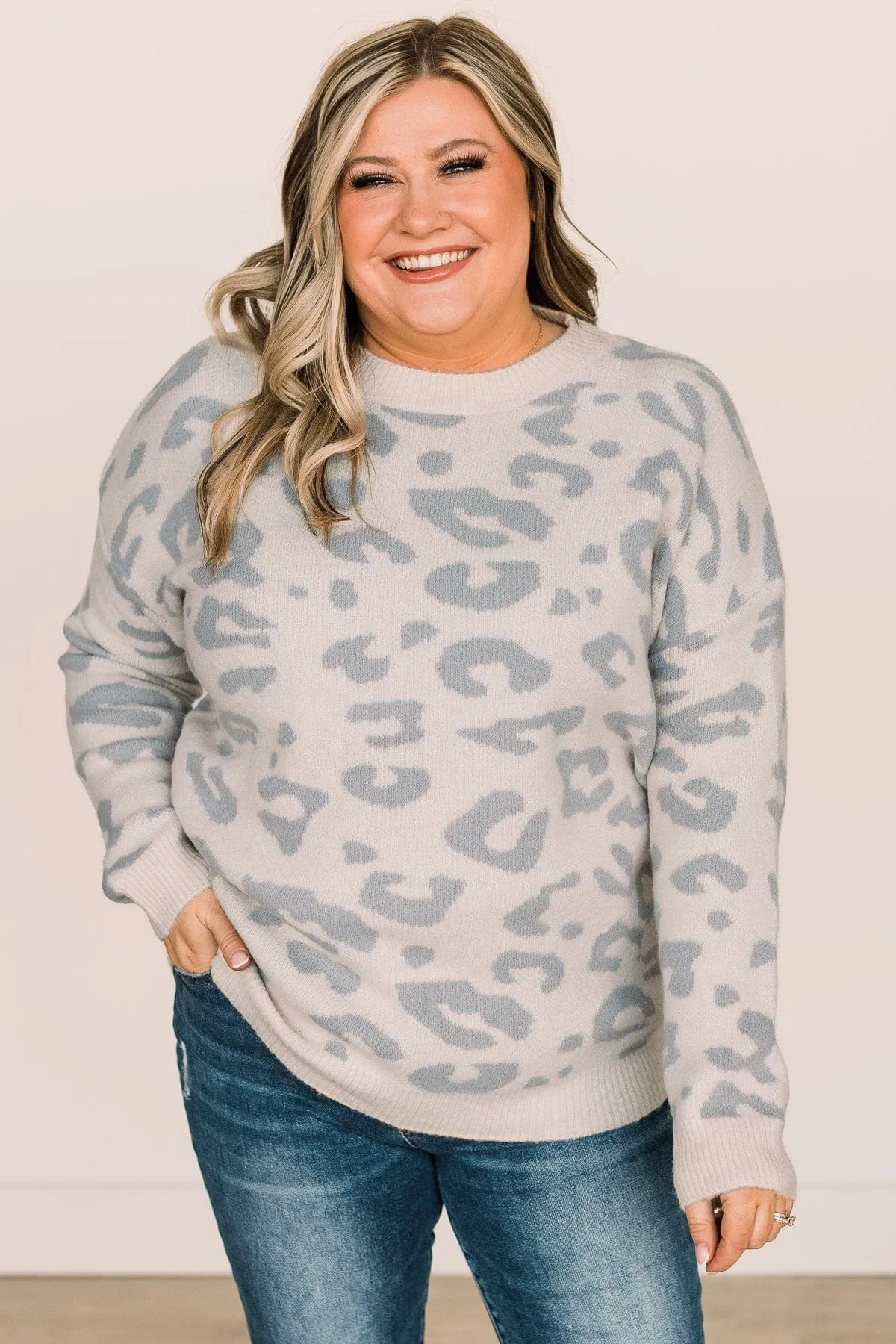 One Last Kiss Leopard Sweater- Ivory & Dusty Blue