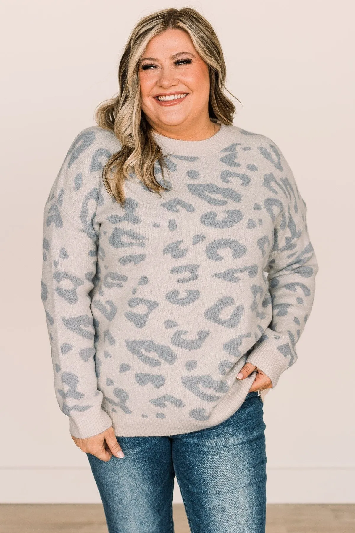 One Last Kiss Leopard Sweater- Ivory & Dusty Blue