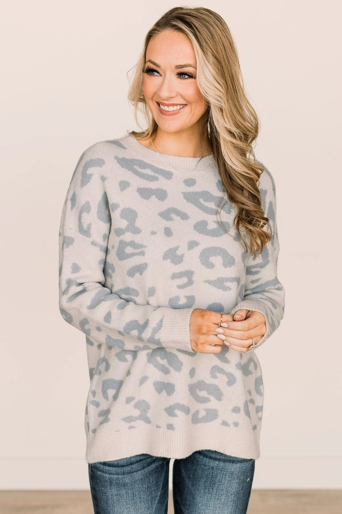 One Last Kiss Leopard Sweater- Ivory & Dusty Blue