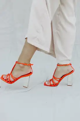 Orange Strappy Gold Block Heels