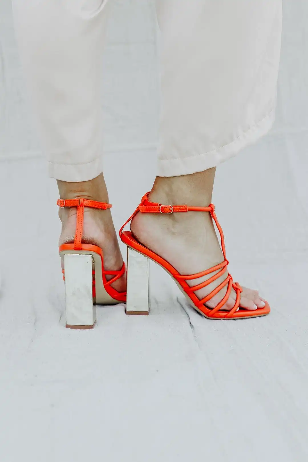 Orange Strappy Gold Block Heels