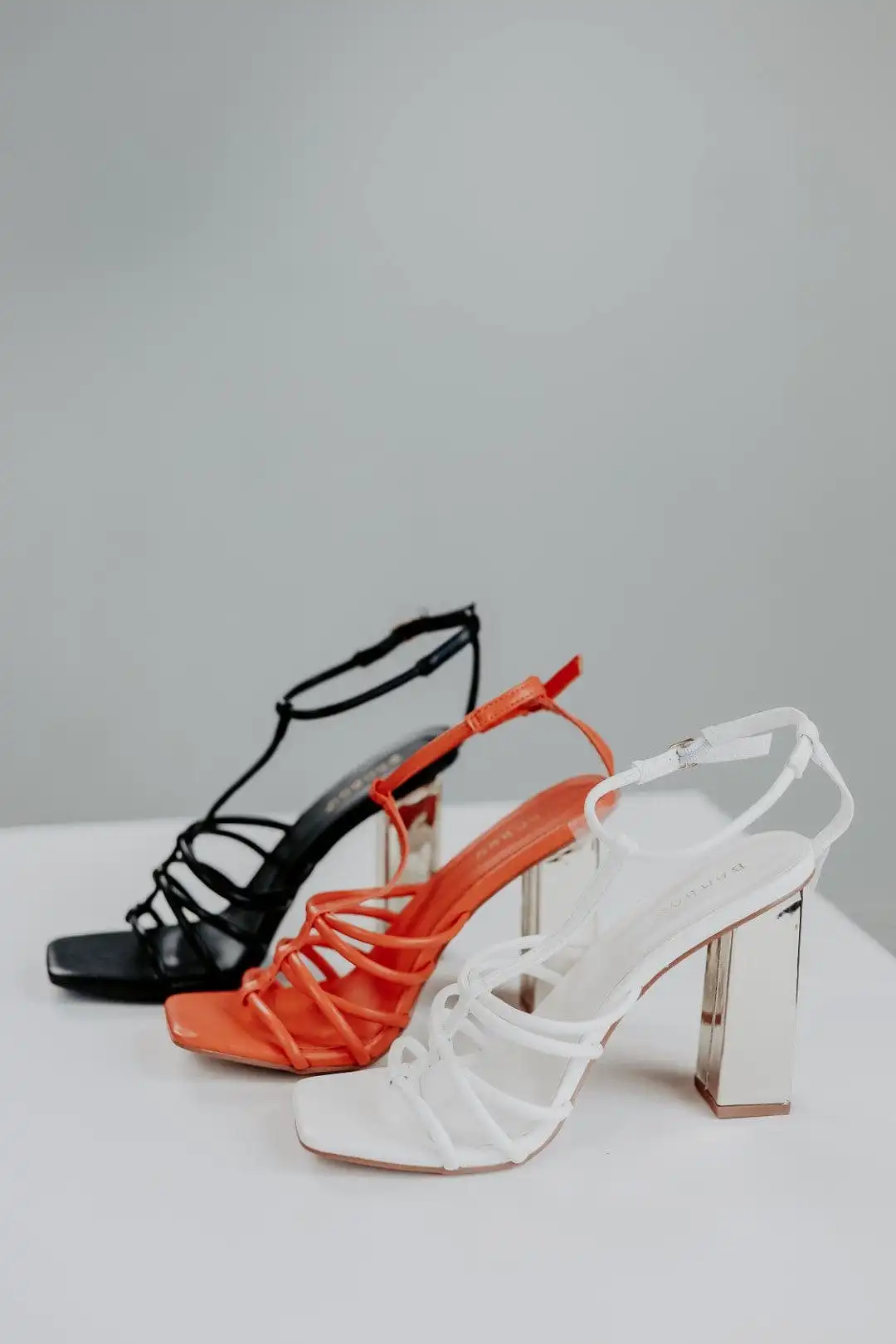 Orange Strappy Gold Block Heels