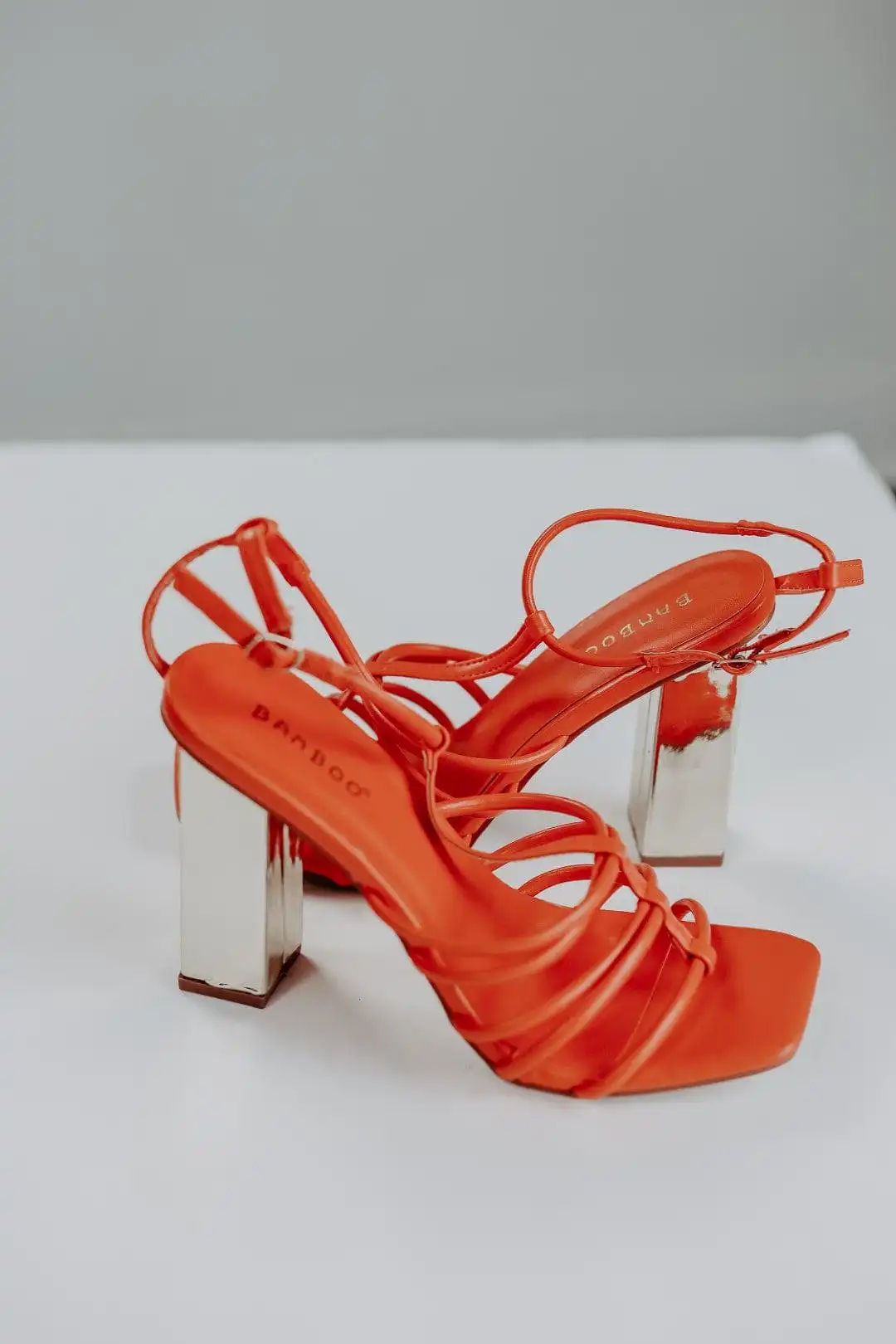 Orange Strappy Gold Block Heels