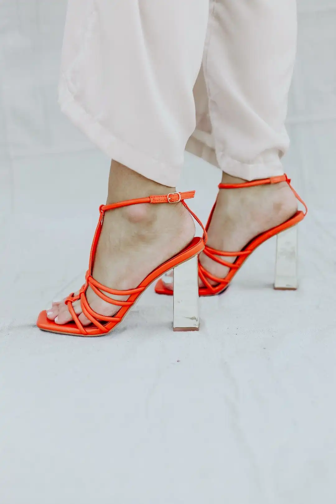 Orange Strappy Gold Block Heels