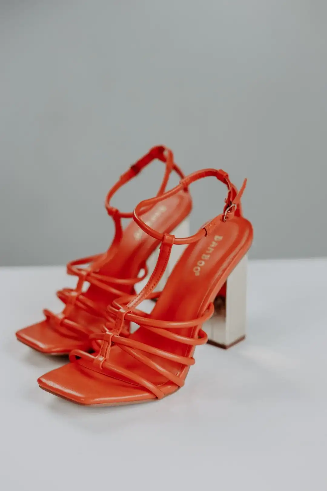 Orange Strappy Gold Block Heels