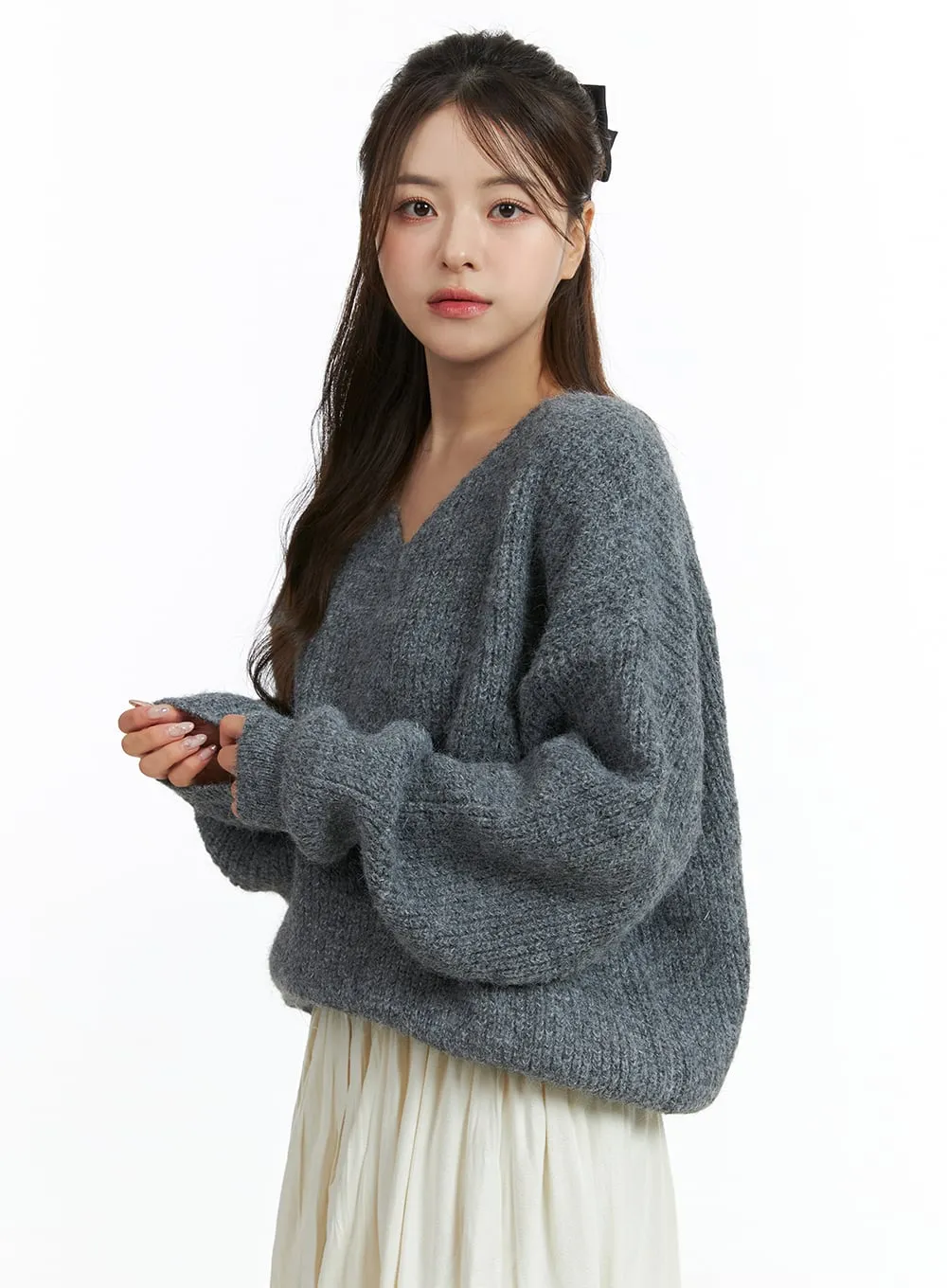 Oversized V-Neck Solid Long Sleeve Sweater OJ411