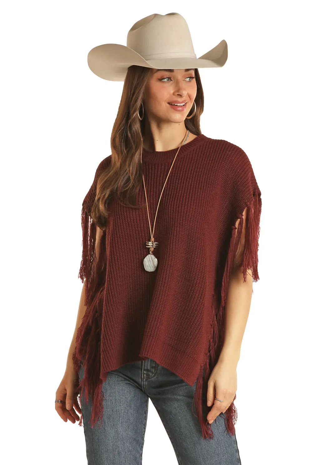 Panhandle Slim Womens Burgundy Short Sleeve Fringe Sweater