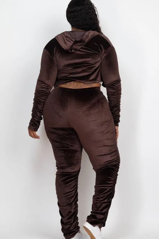 Plus Velour  Zip Up Jacket & Stacked Pants Set