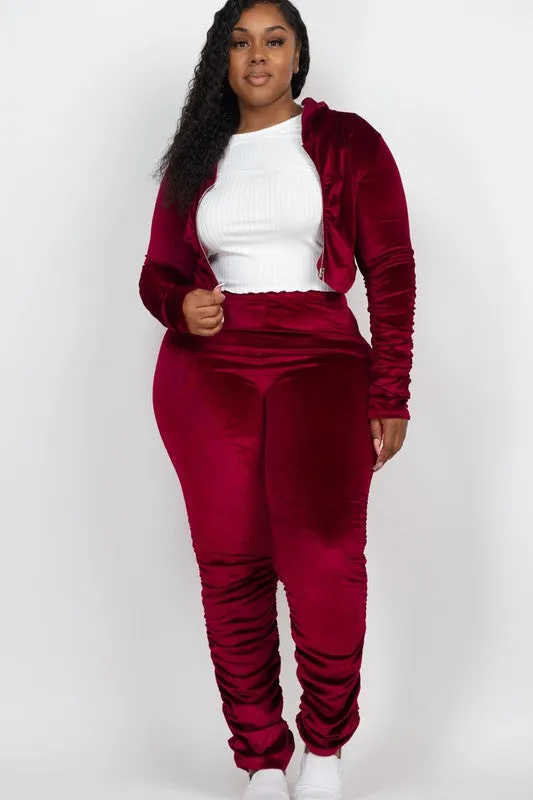 Plus Velour  Zip Up Jacket & Stacked Pants Set