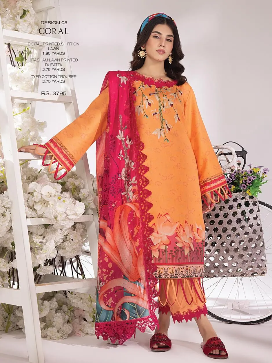 Rang Rasiya Summer Breeze Unstitched Lawn Print 3Pc Suit D-08 Coral