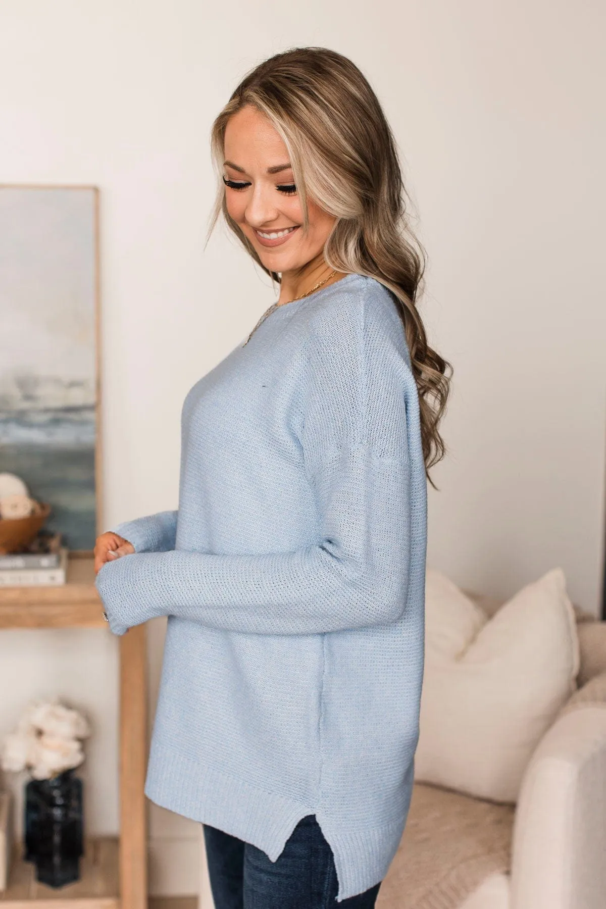 Reaching Out To You Knit Sweater- Baby Blue