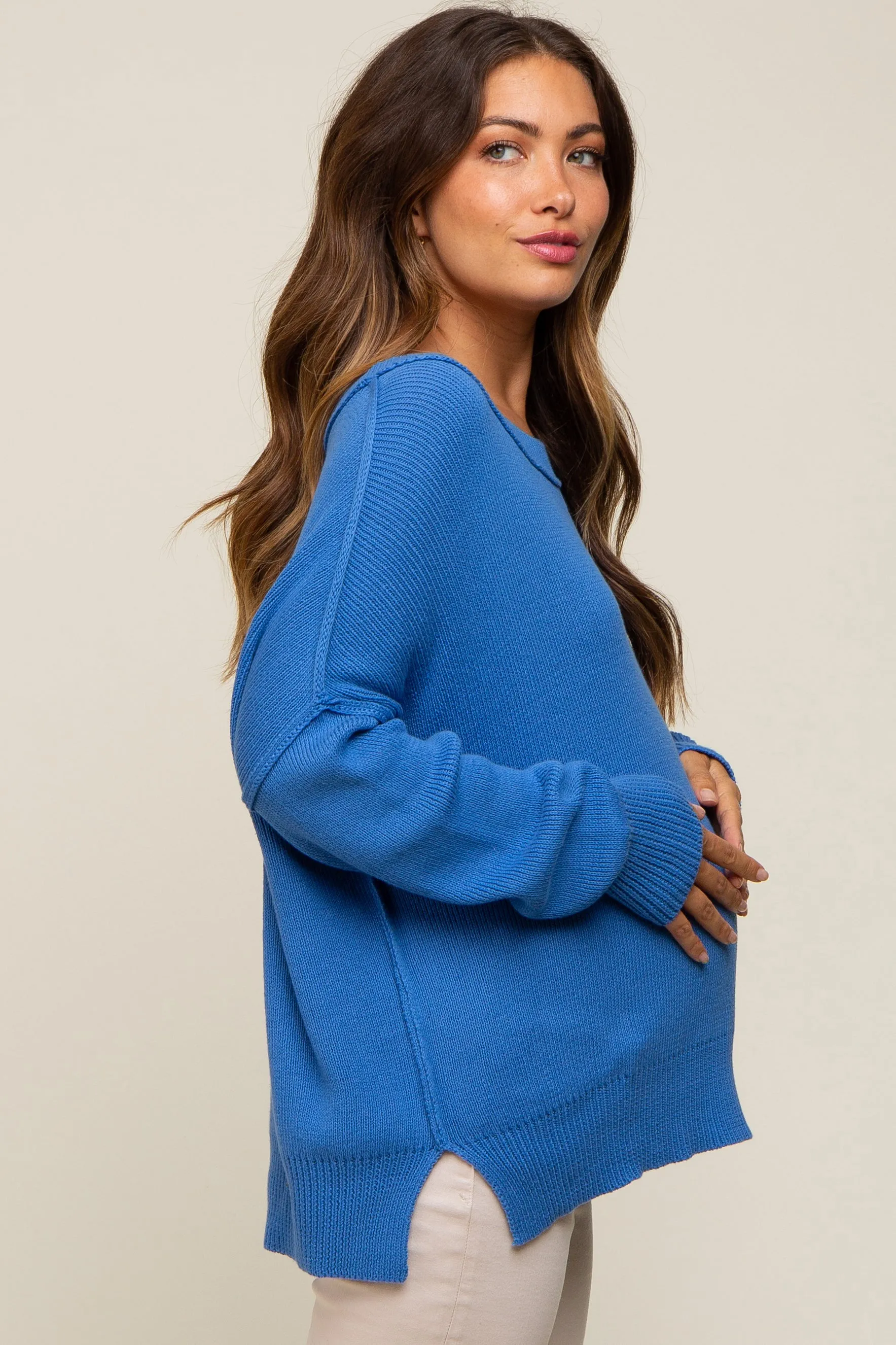 Royal Blue Exposed Seam Side Slit Maternity Sweater