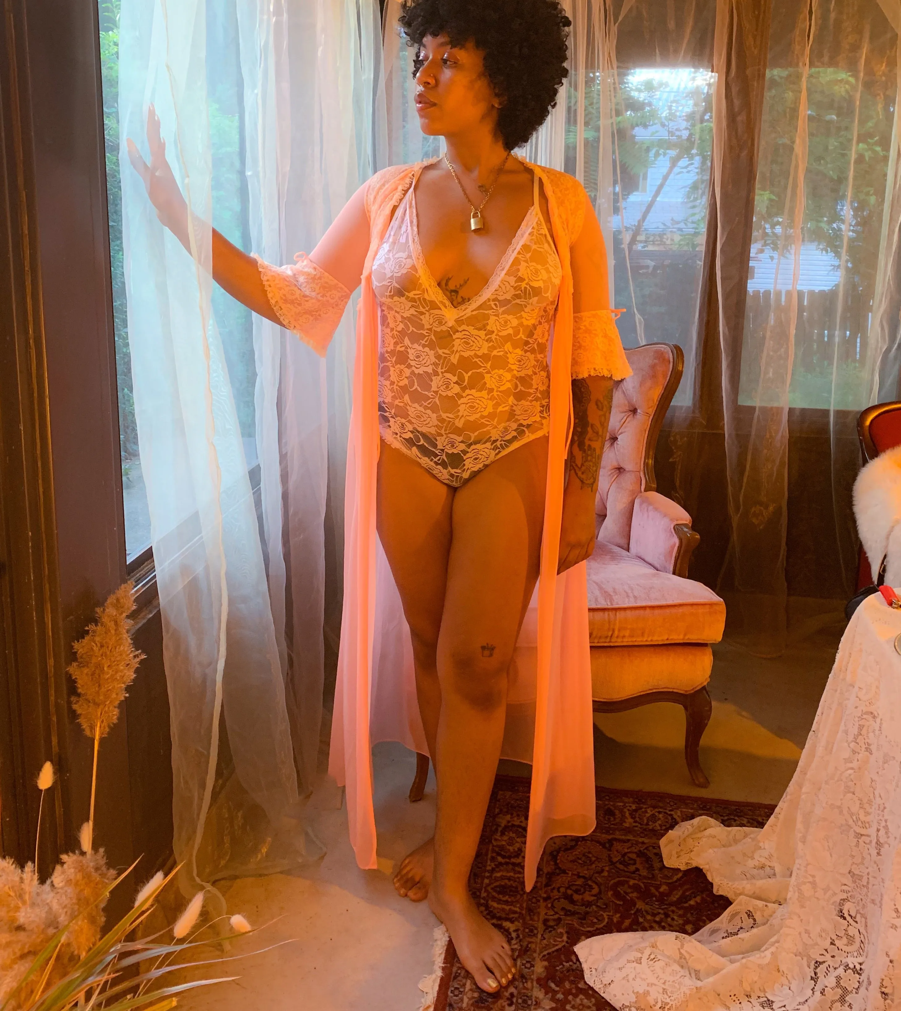 Sheer trumpet sleeve lace bed jacket