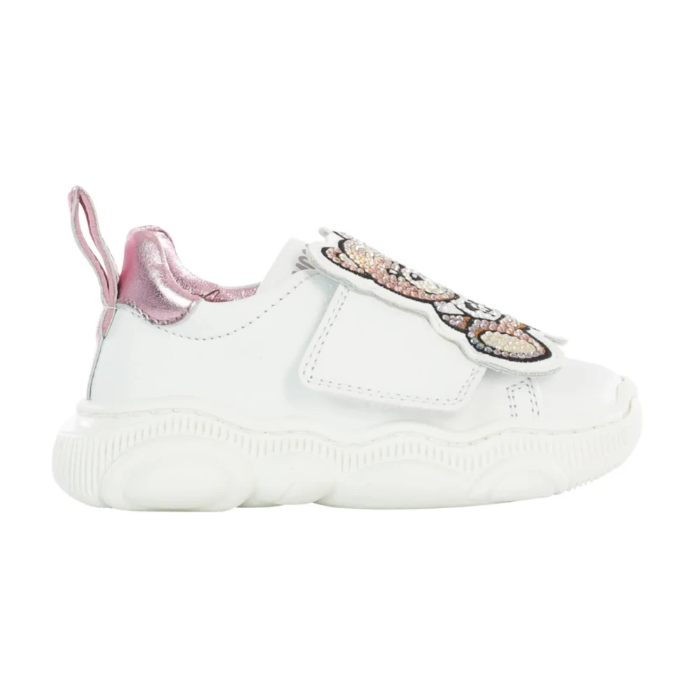 Sneakers in Pelle Bianca con Patch Teddy Bear e Inserto Rosa Laminato - Collezione Bambini