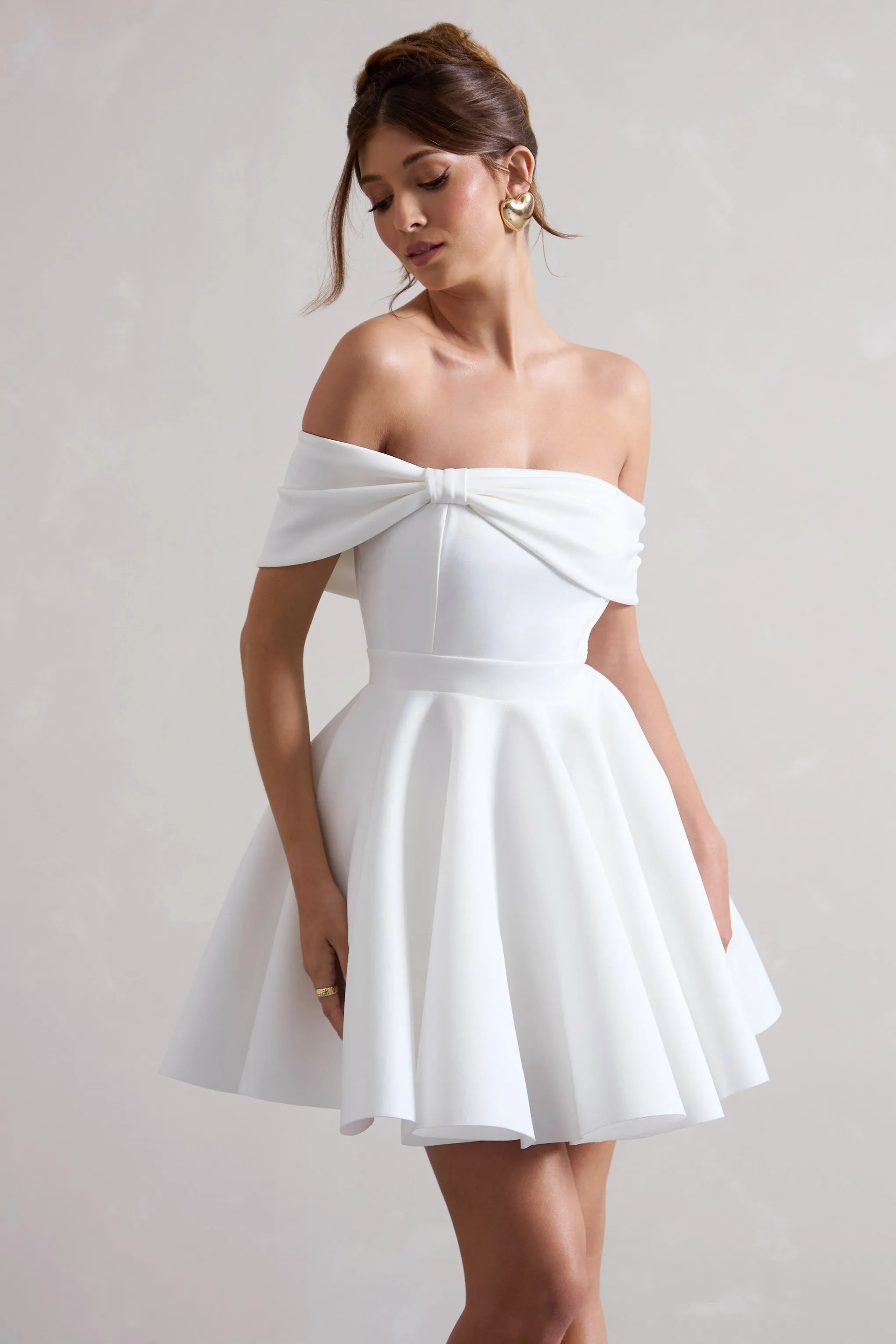 Snowfall | White Bardot Bow Skater Mini Dress