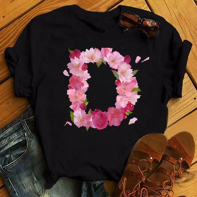 Spring Alphabet with Pink Flowers D Print T Shirt Women T Shirt Customize Name T Shirt Short Sleeve Female Woman Tee Top S465828