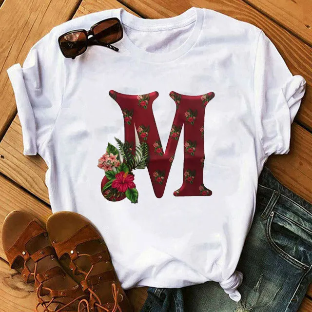 Spring Alphabet with Pink Flowers D Print T Shirt Women T Shirt Customize Name T Shirt Short Sleeve Female Woman Tee Top S465828