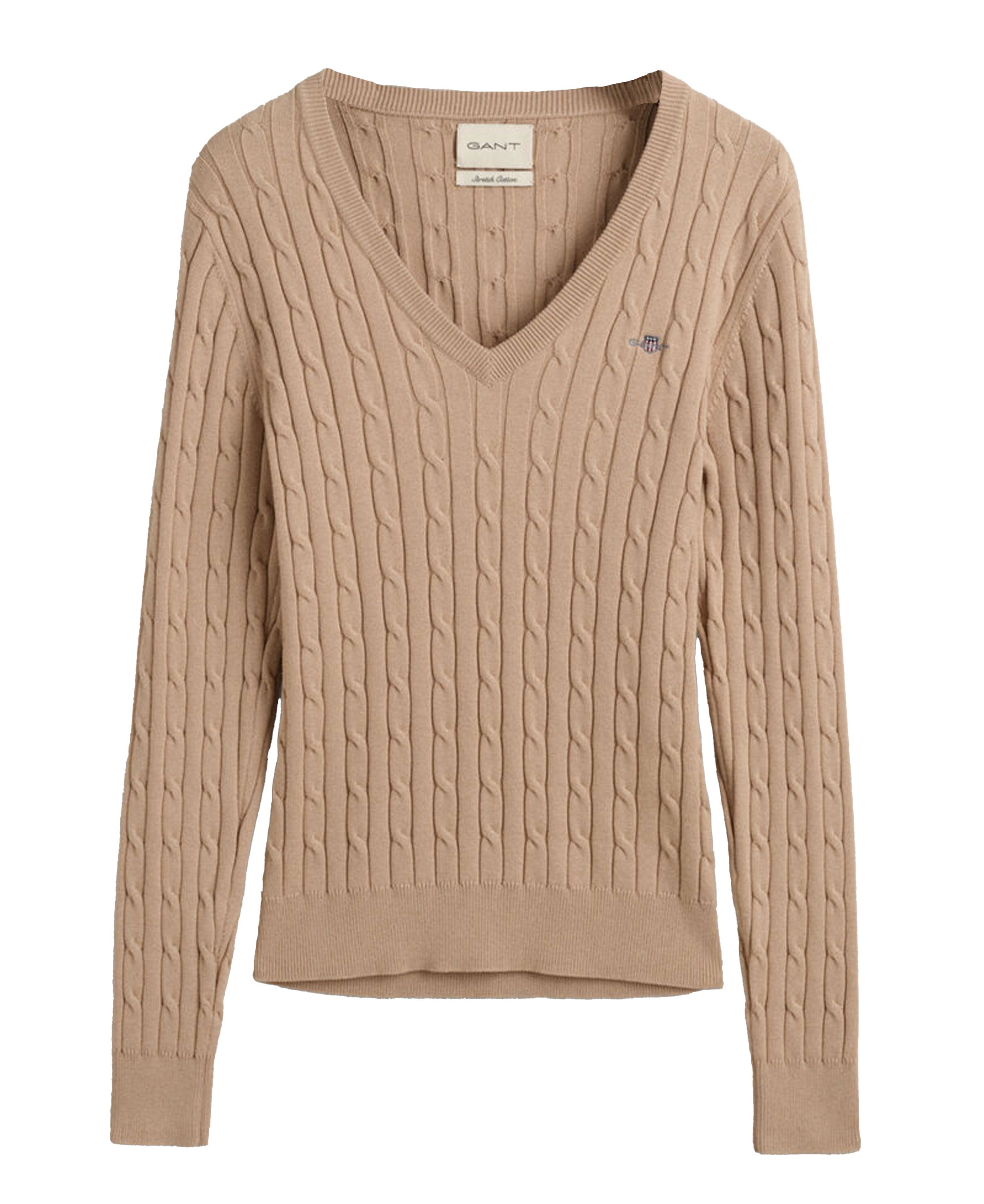 Stretch Cotton Cable V-Neck Sweater                             Dry Sand