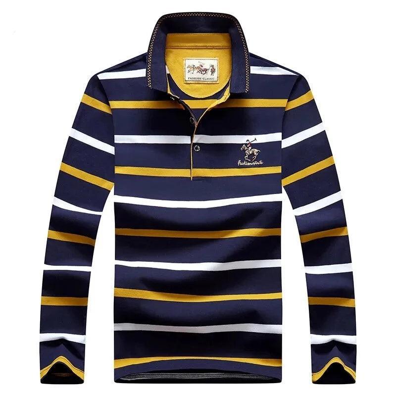 Striped Men Polo Shirt Cotton Long Sleeve