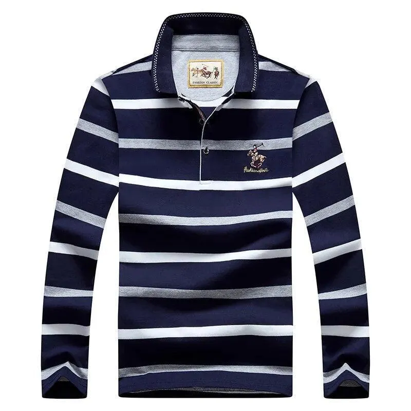 Striped Men Polo Shirt Cotton Long Sleeve