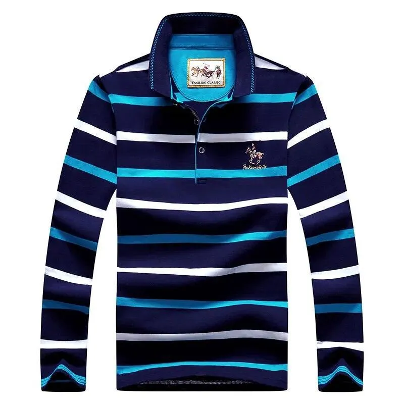 Striped Men Polo Shirt Cotton Long Sleeve