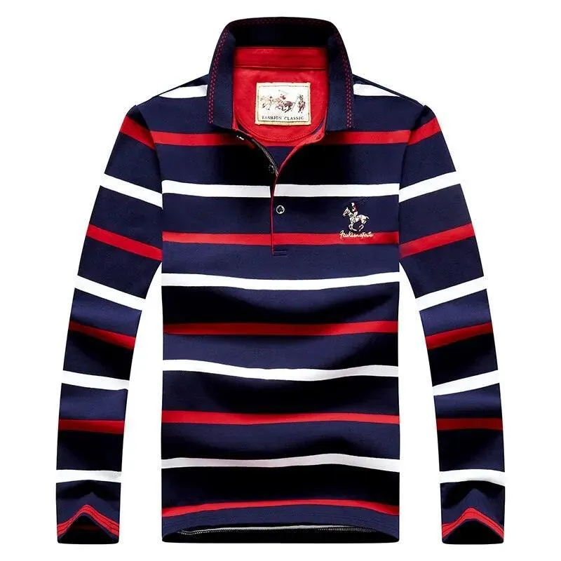 Striped Men Polo Shirt Cotton Long Sleeve