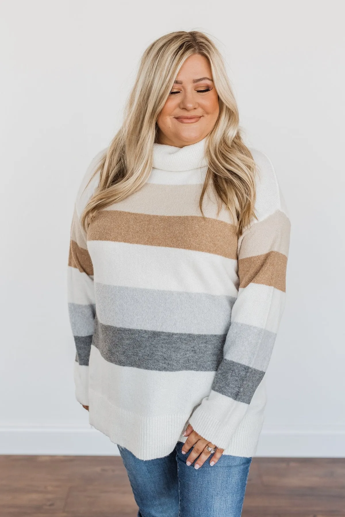 Sweet Autumn Air Turtleneck Sweater- Ivory, Camel & Grey