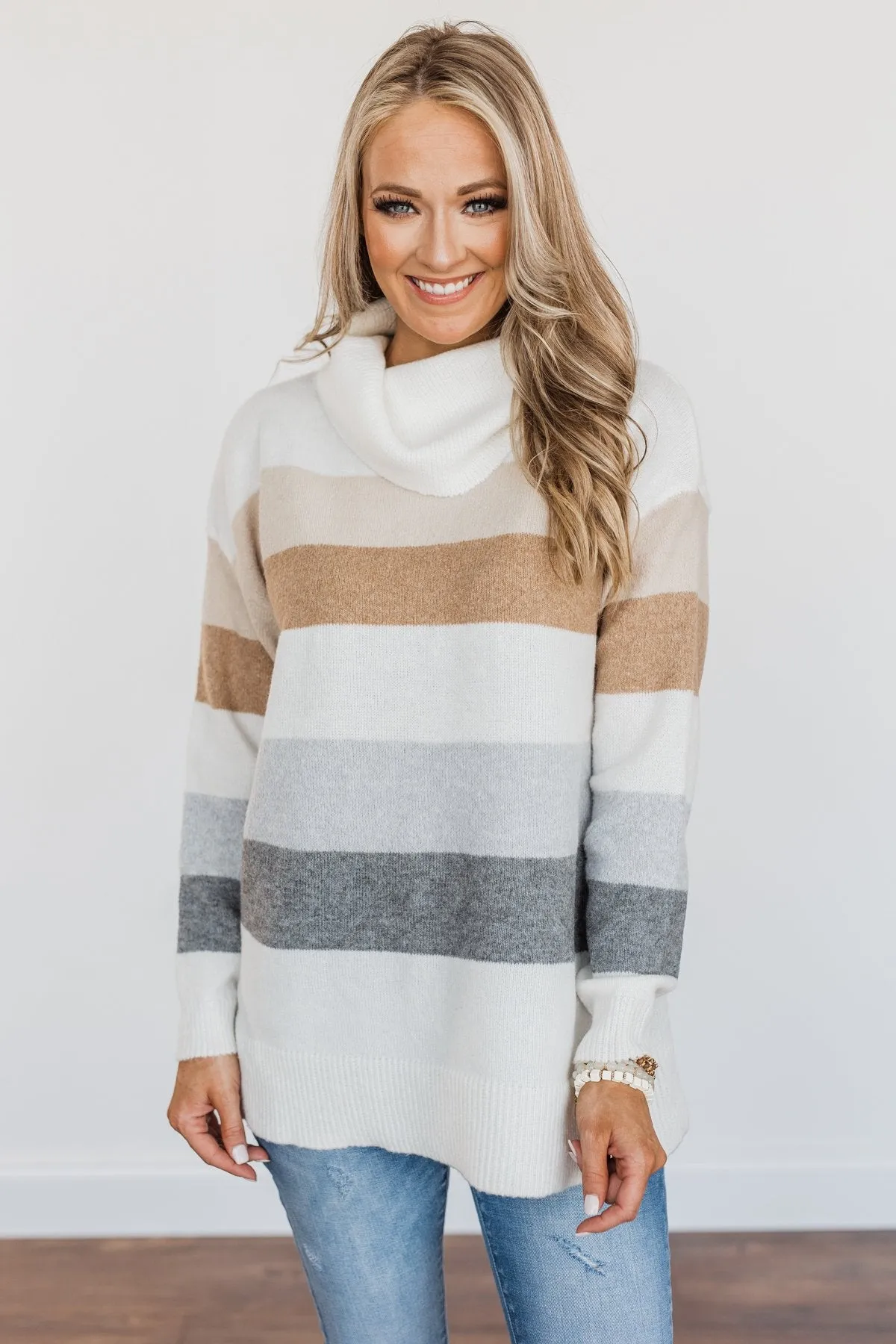 Sweet Autumn Air Turtleneck Sweater- Ivory, Camel & Grey