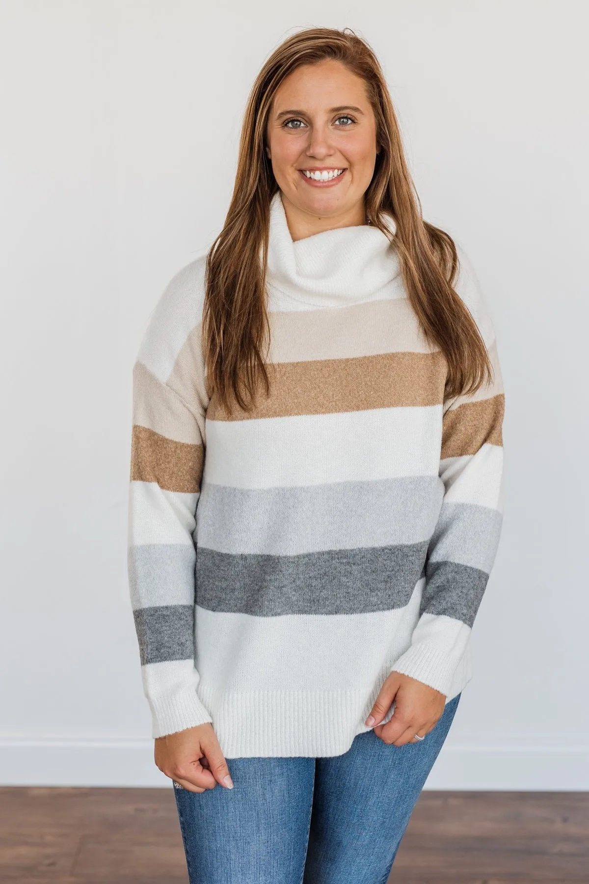 Sweet Autumn Air Turtleneck Sweater- Ivory, Camel & Grey