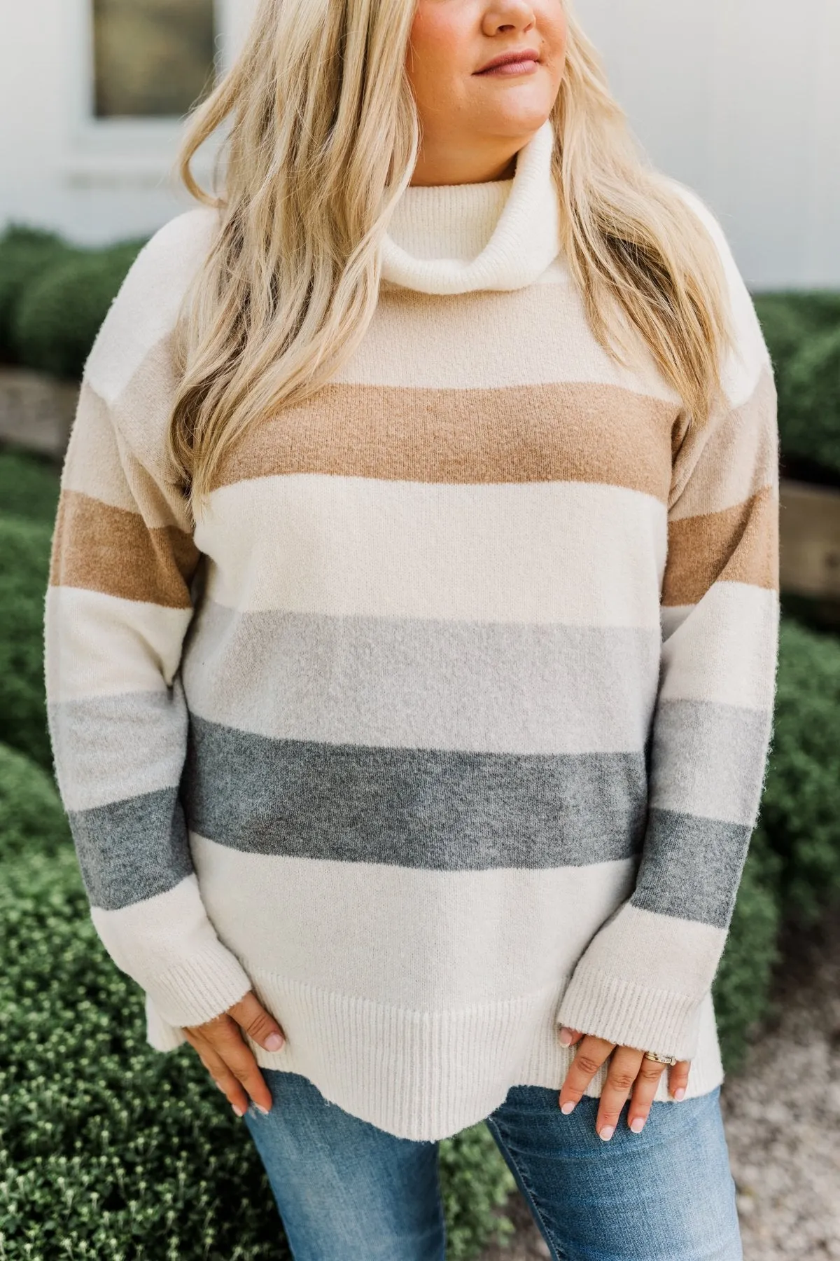 Sweet Autumn Air Turtleneck Sweater- Ivory, Camel & Grey