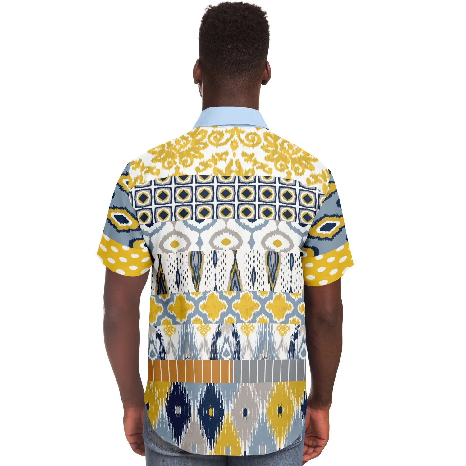 Tallulah Bankhead Yellow Ikat Patchwork Short Sleeve Button Down Shirt