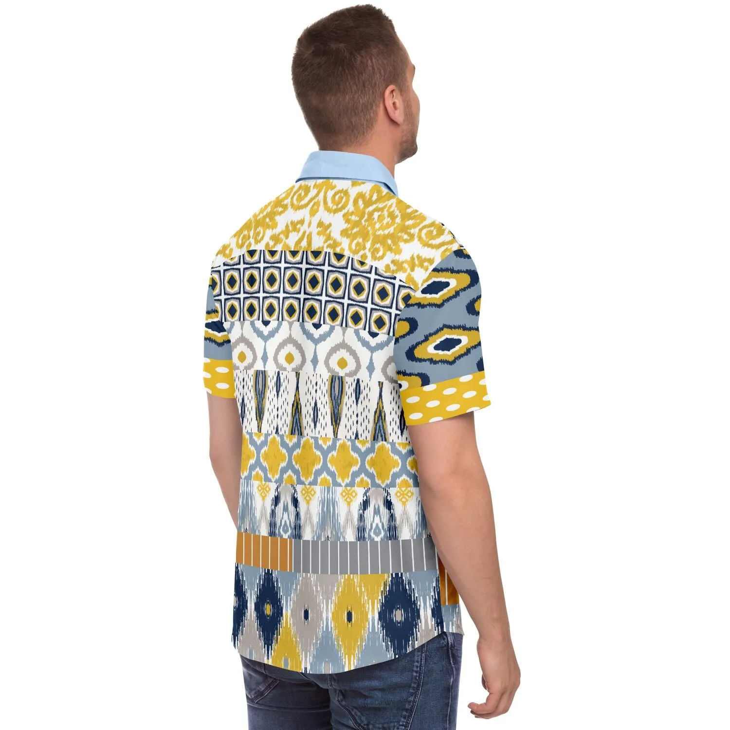 Tallulah Bankhead Yellow Ikat Patchwork Short Sleeve Button Down Shirt