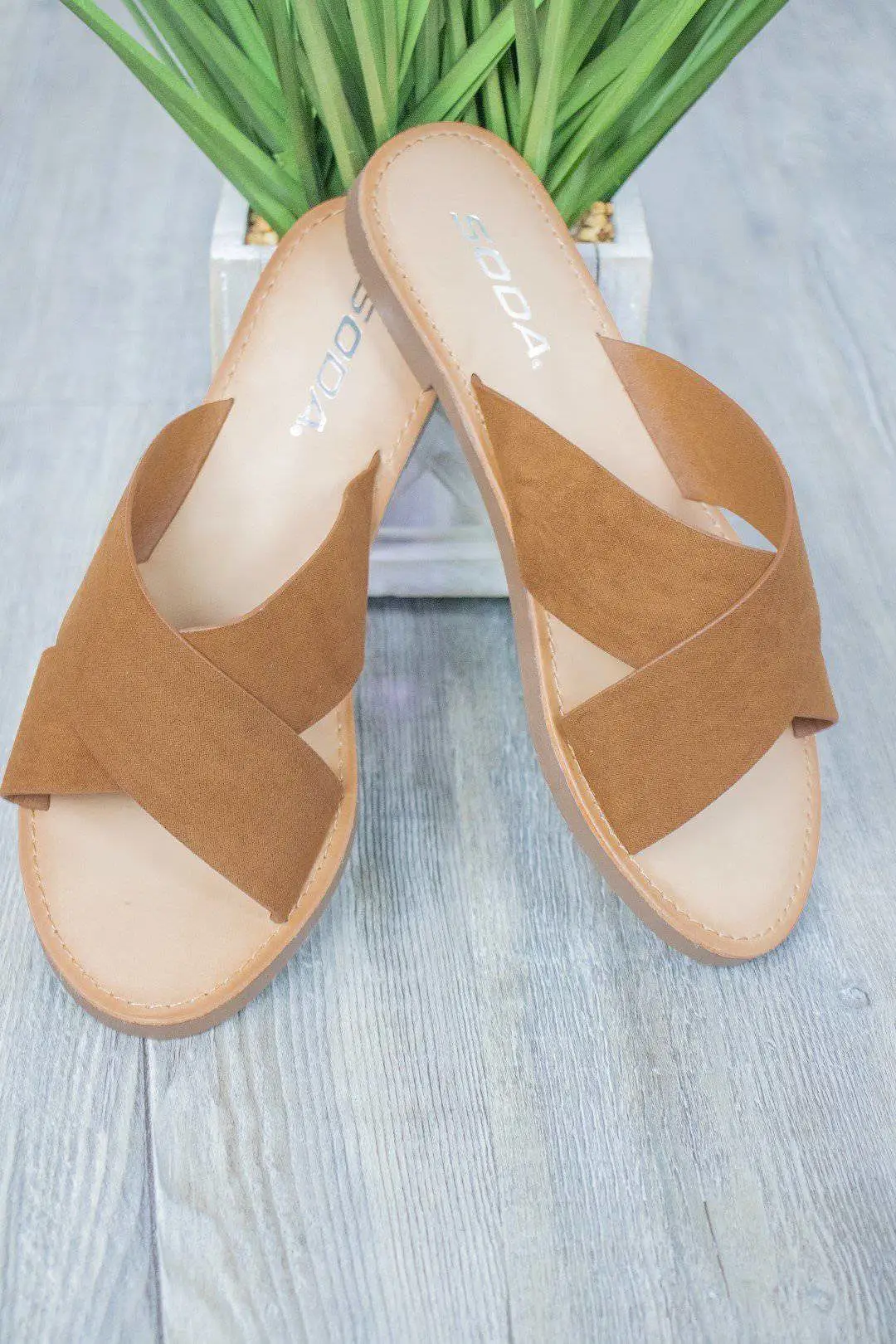 Tan Slide On Criss Cross Sandals - Cognac