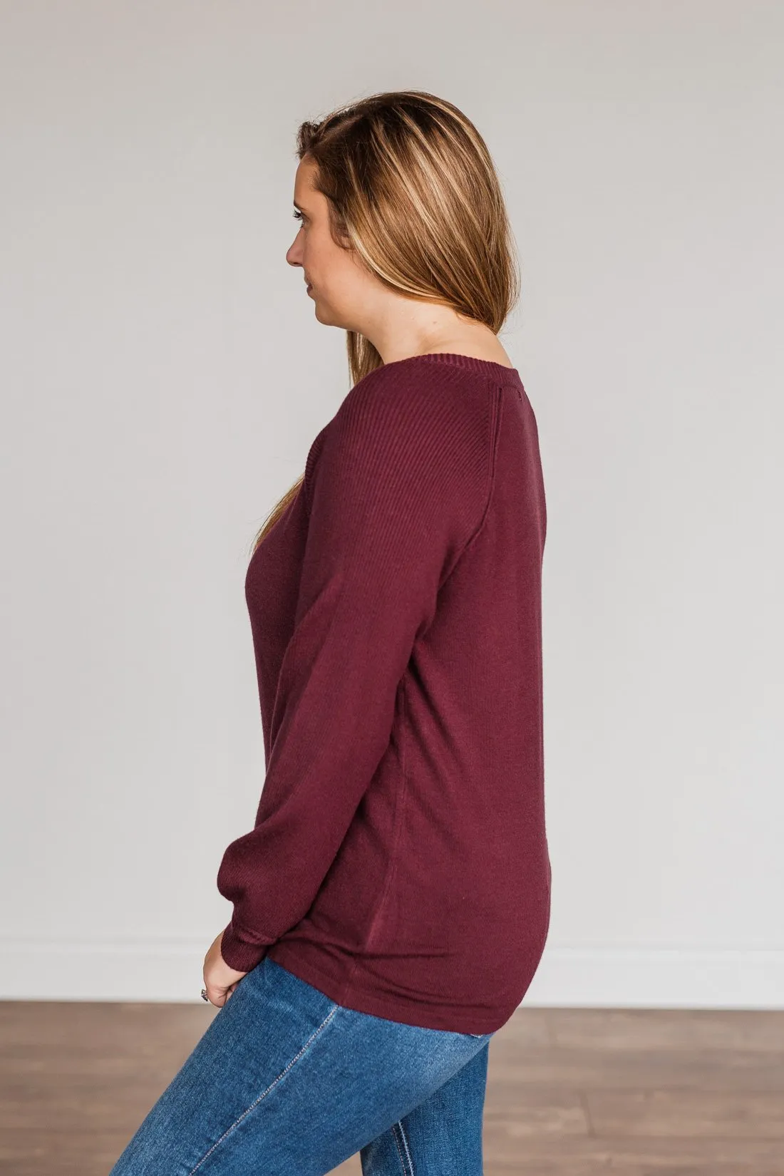 Walk In The Woods Balloon Sleeve Sweater- Wine