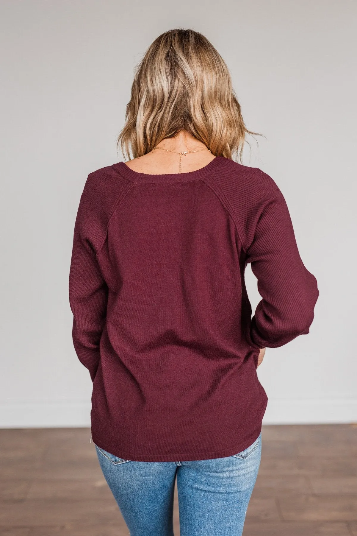 Walk In The Woods Balloon Sleeve Sweater- Wine