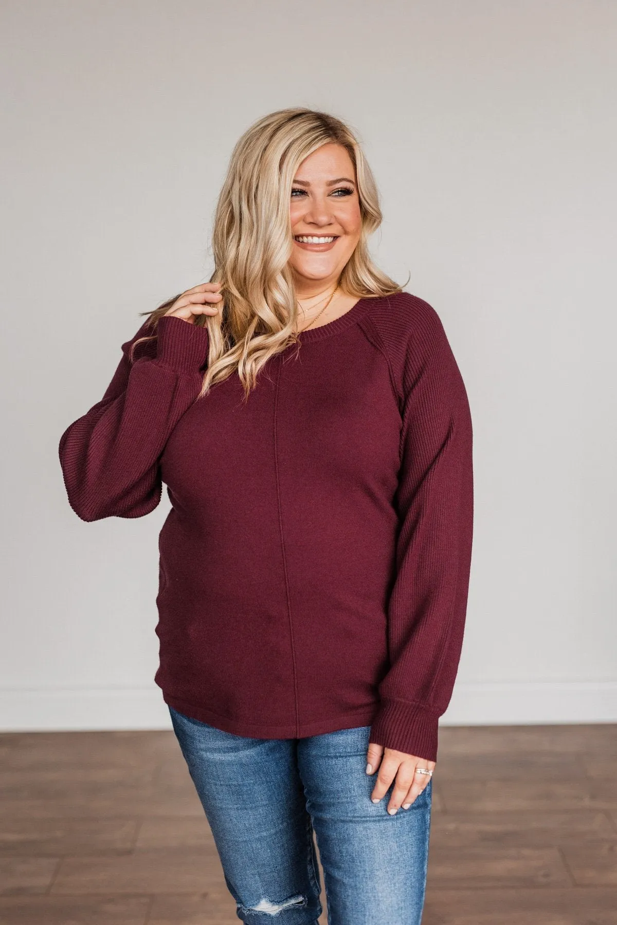 Walk In The Woods Balloon Sleeve Sweater- Wine