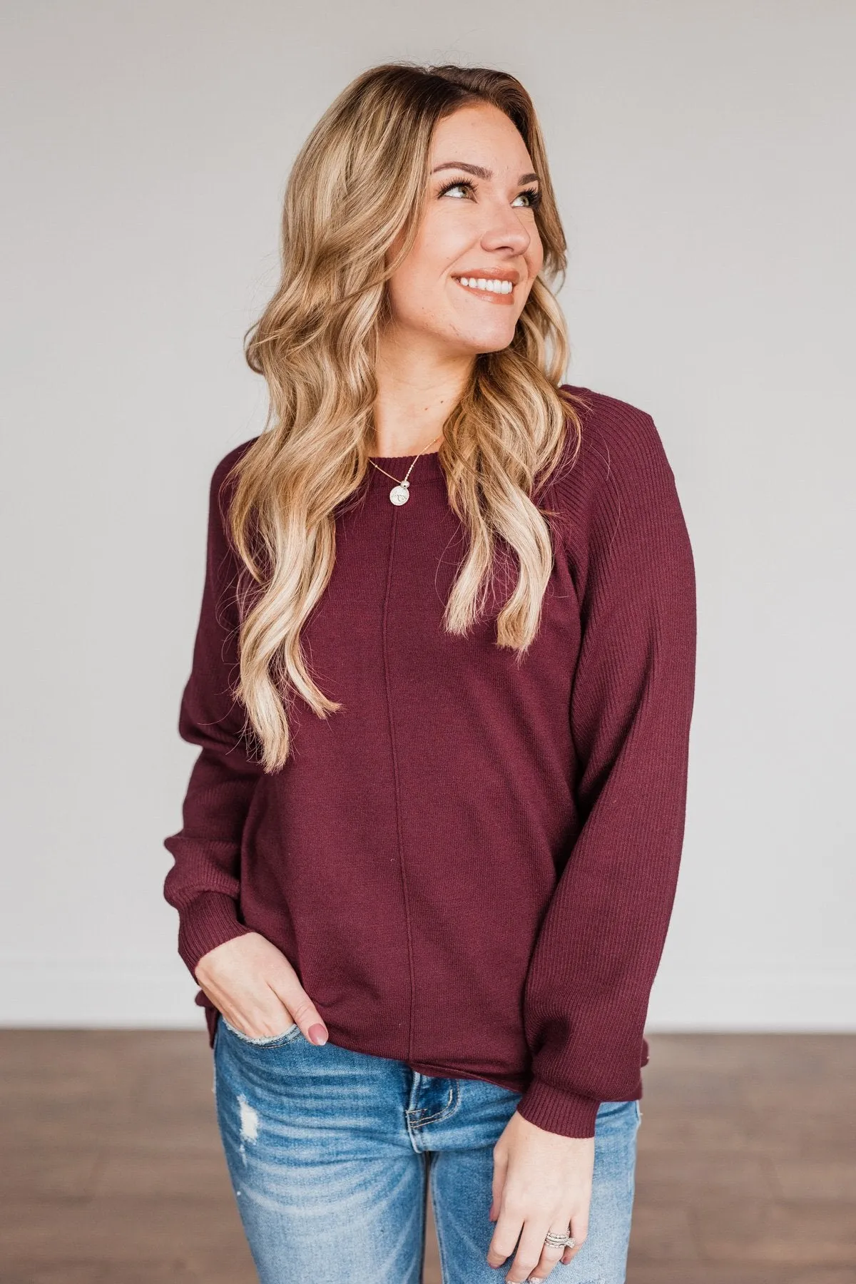 Walk In The Woods Balloon Sleeve Sweater- Wine