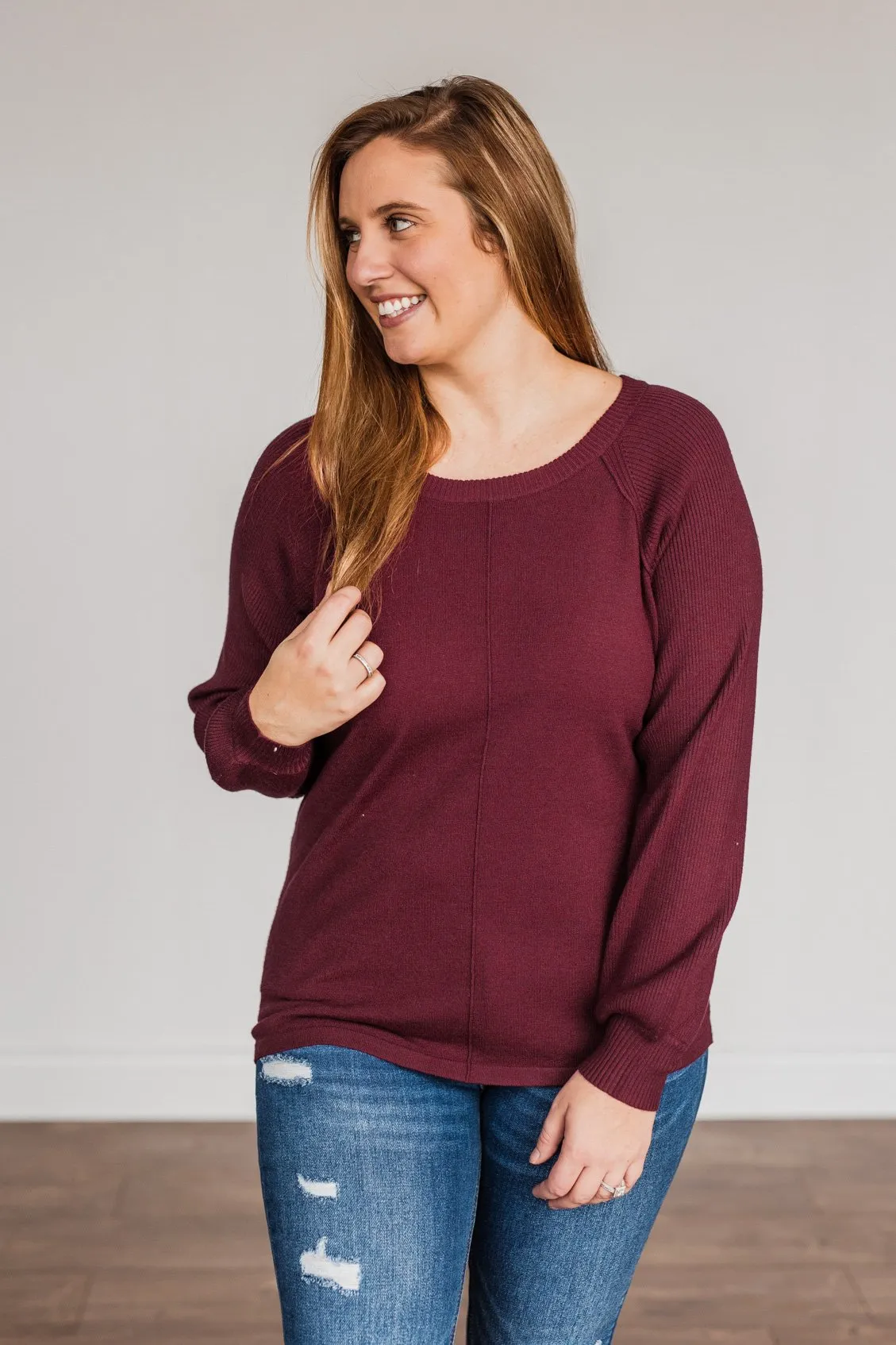 Walk In The Woods Balloon Sleeve Sweater- Wine