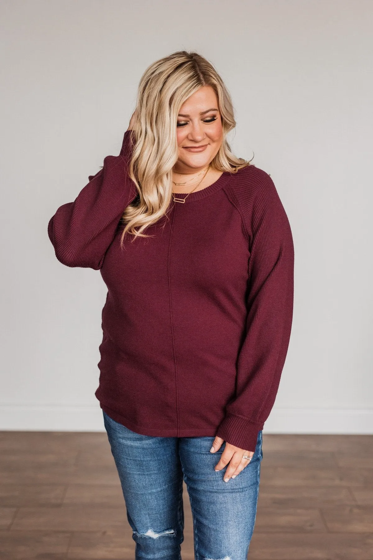 Walk In The Woods Balloon Sleeve Sweater- Wine