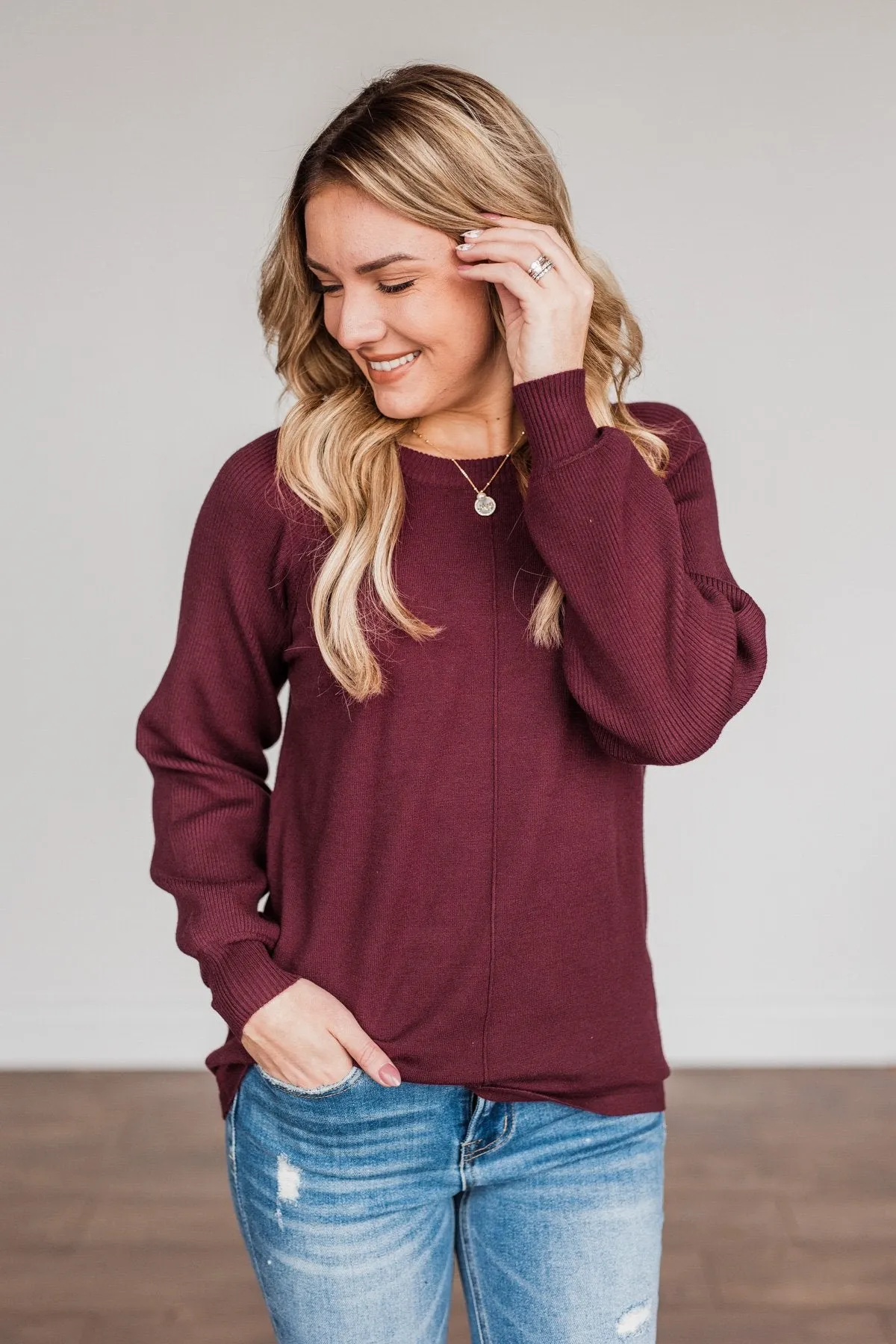 Walk In The Woods Balloon Sleeve Sweater- Wine