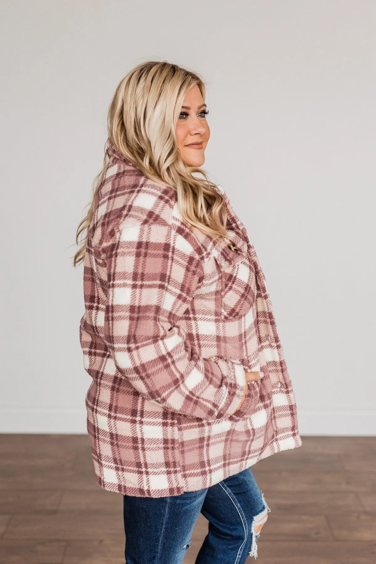 Warm Winter Wishes Plaid Sherpa Jacket- Mauve