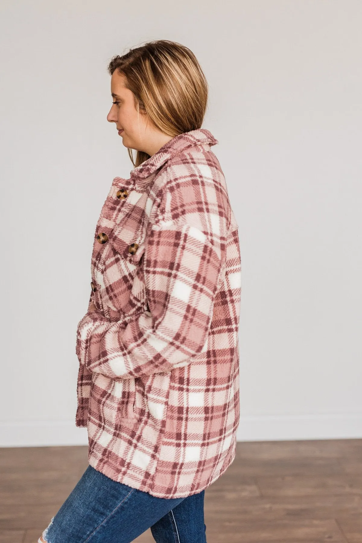 Warm Winter Wishes Plaid Sherpa Jacket- Mauve