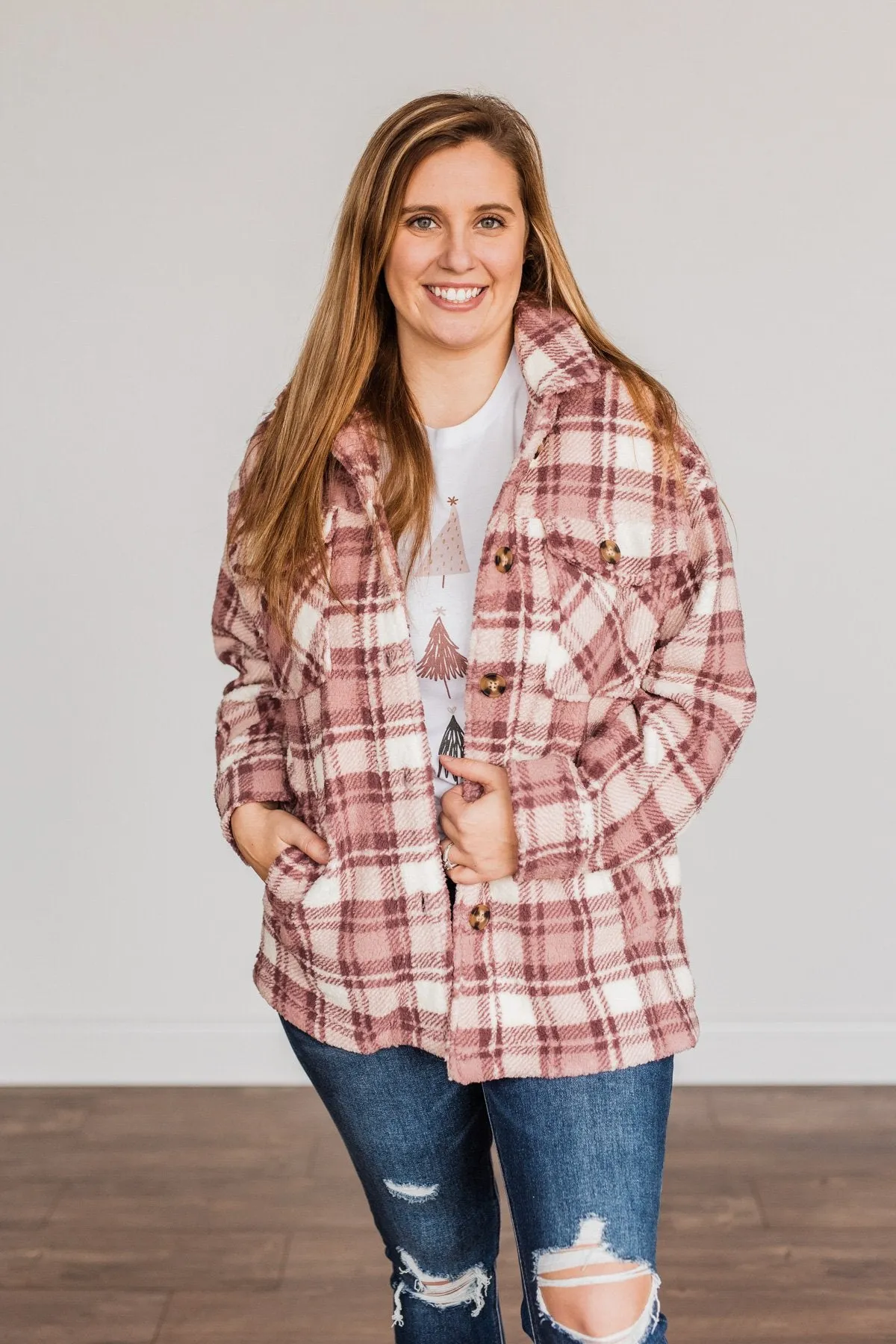 Warm Winter Wishes Plaid Sherpa Jacket- Mauve