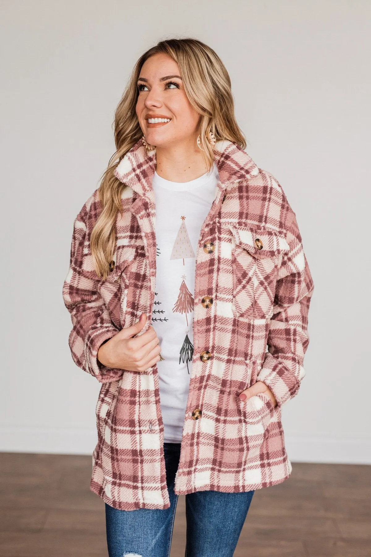 Warm Winter Wishes Plaid Sherpa Jacket- Mauve