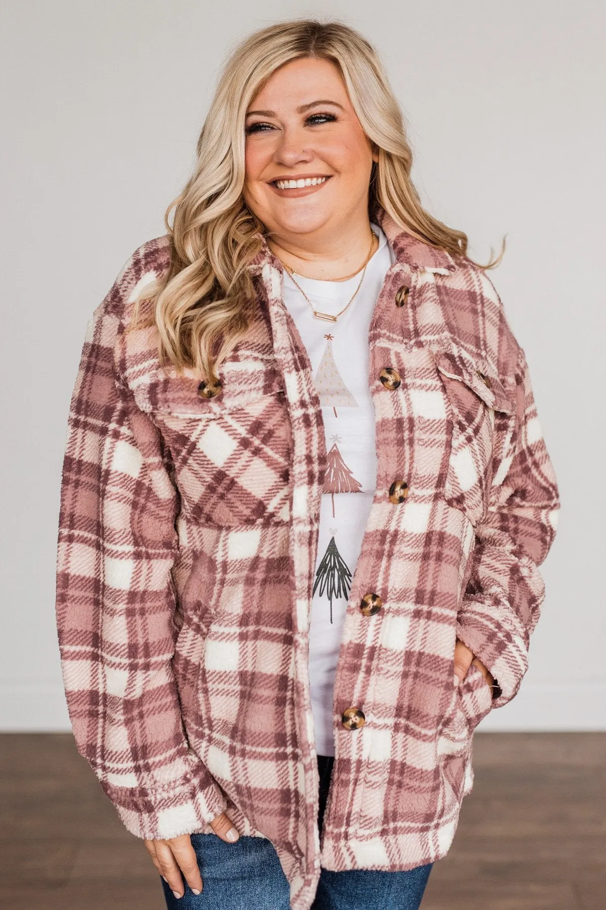 Warm Winter Wishes Plaid Sherpa Jacket- Mauve