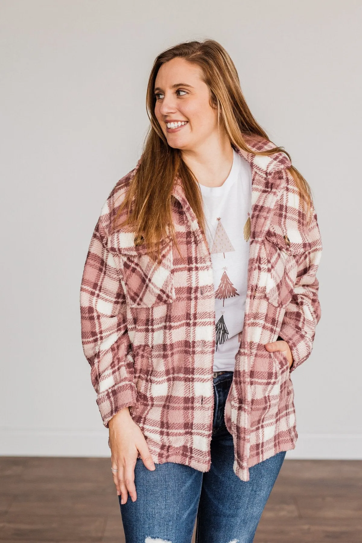 Warm Winter Wishes Plaid Sherpa Jacket- Mauve